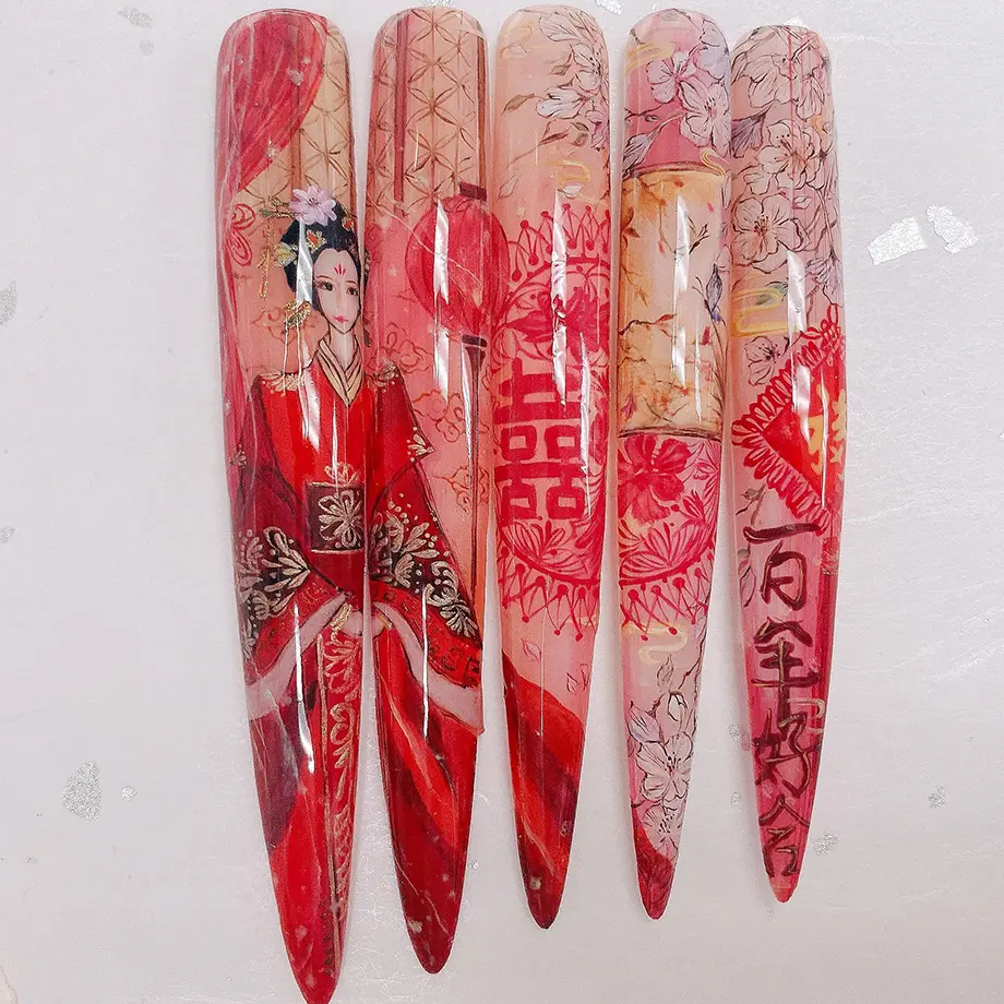 stiletto nails, nail art, traditional chinese wedding