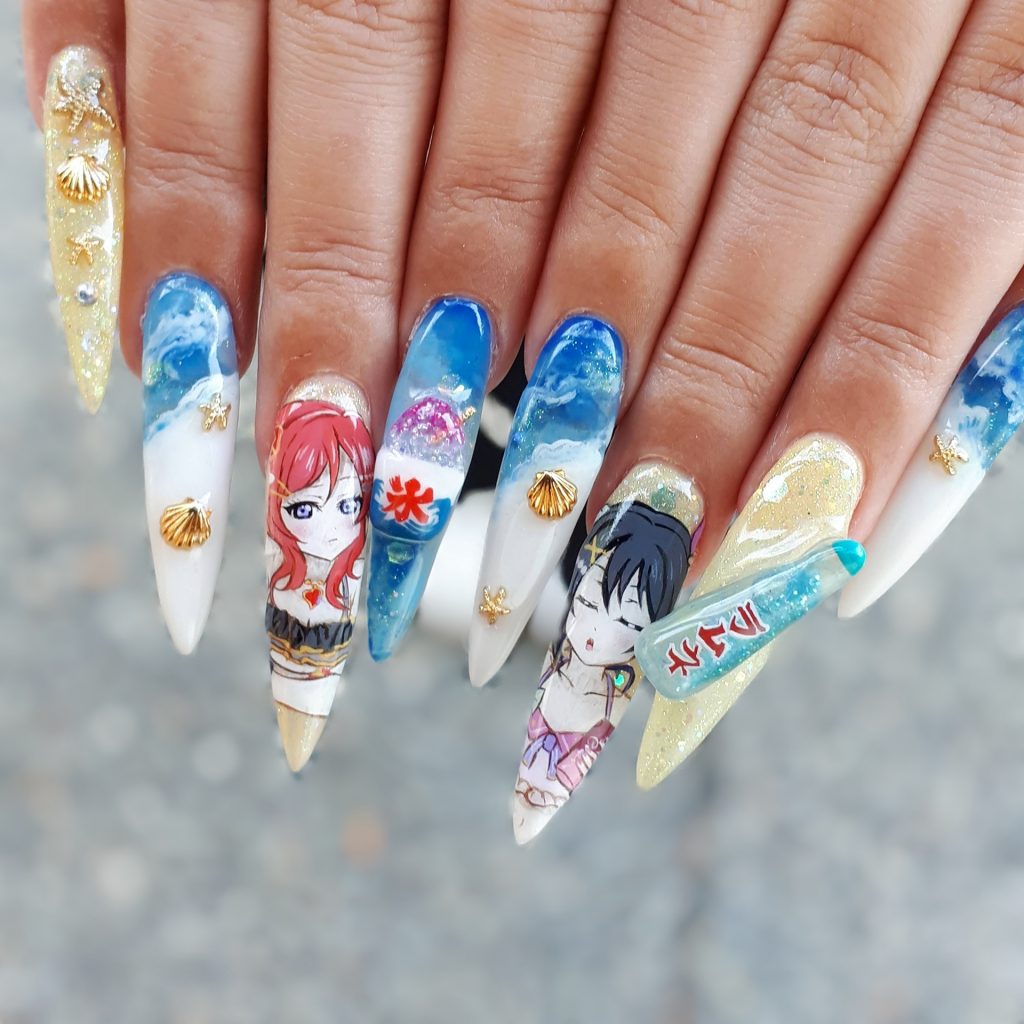 BIAB gel nails with some anime inspired art (Nezuko from Demon Slayer) my  nailtech's first manga eye 💖 : r/Nails