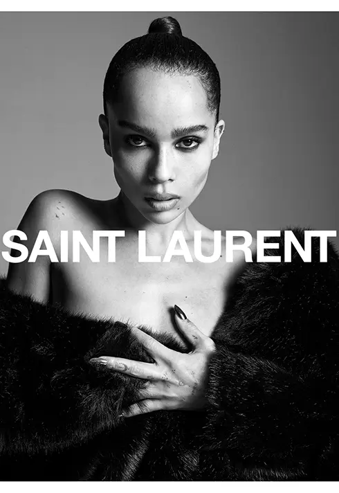 Poster of Zoë Kravitz on Saint Laurent FW22 campaign in black and white. 