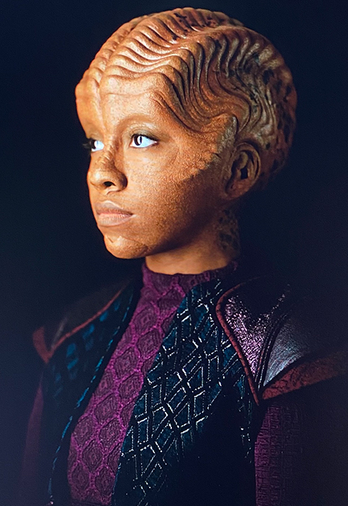 Side picture of Topa from The Orville with prosthetic makeup designed and applied by Todd McIntosh.